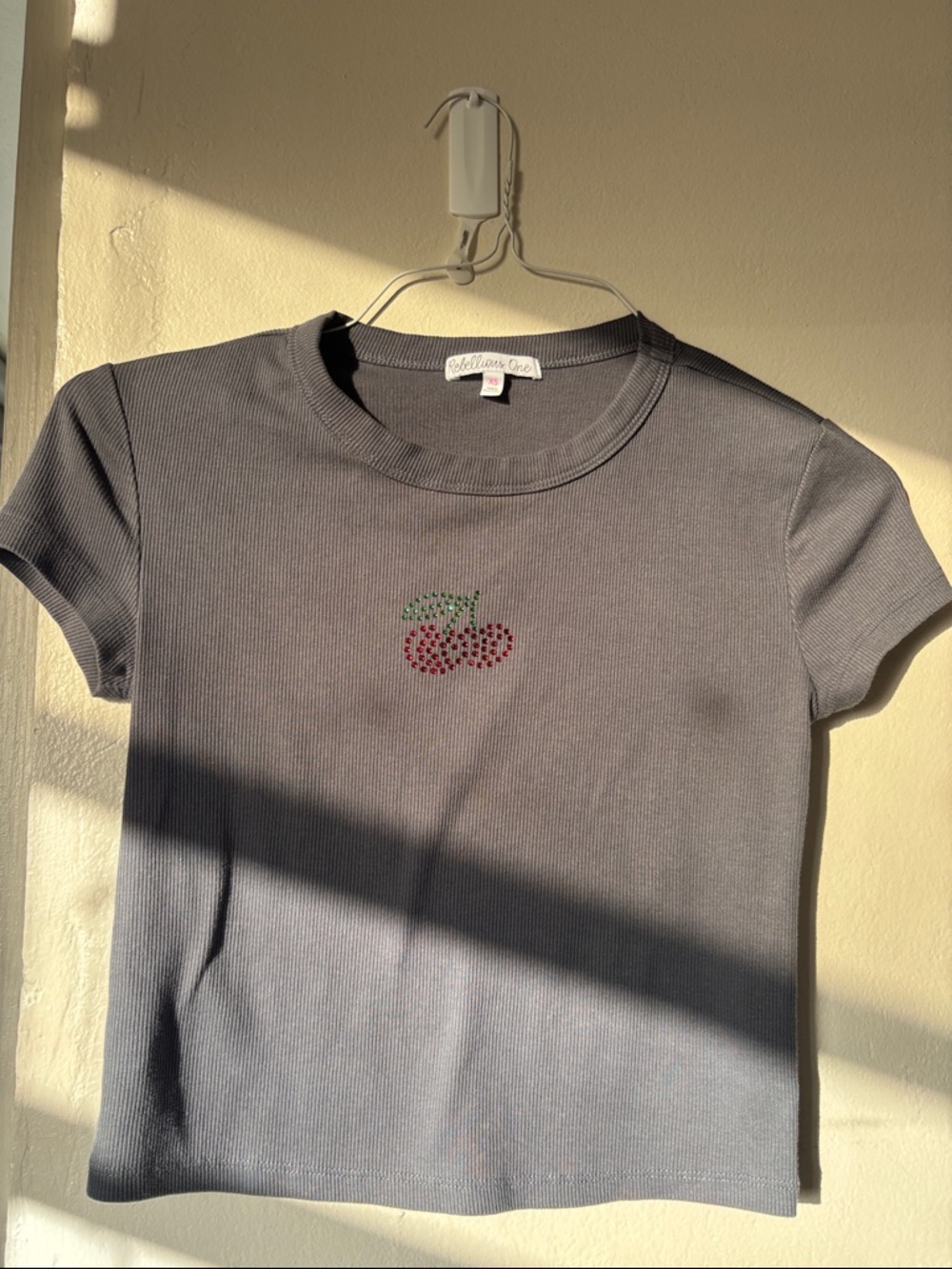 Rebellious One Gray Ribbed Muscle Tee with Cherry Rhinestone Accent